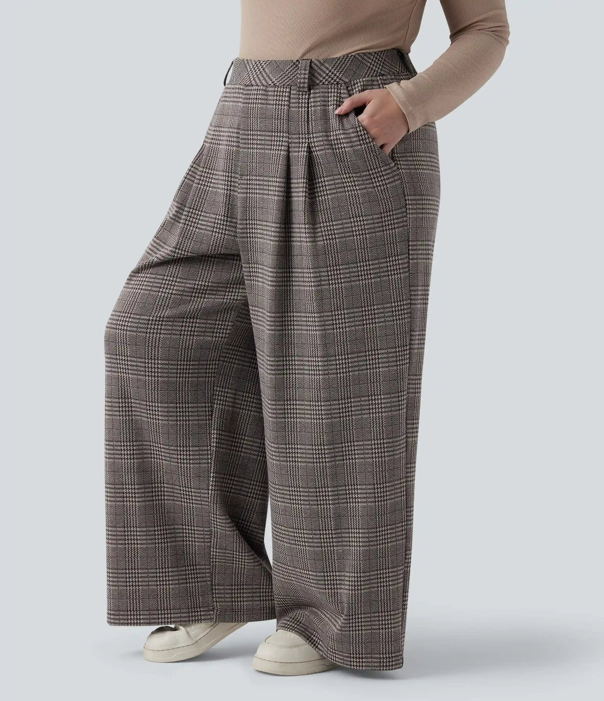 Plus Size High Waisted Wide Leg Houndstooth Plaid Casual Pants with Pockets
