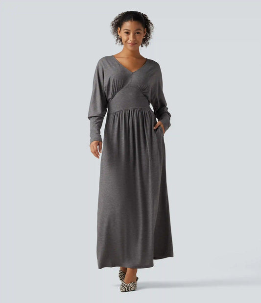 V Neck Long Sleeve Ruched Maxi Casual Dress with Pockets