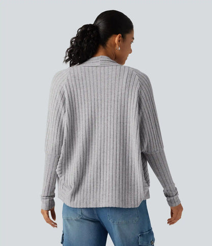 Ribbed Knit Open Front Batwing Long Sleeve Casual Cardigan