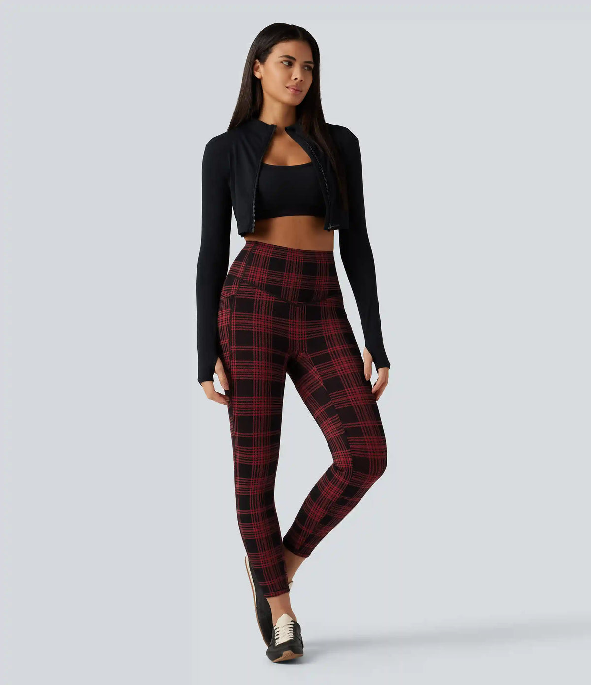 Halara UltraSculpt™ Plaid Print High Waisted Tummy Control Fleece Workout Leggings with Pockets