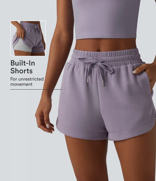 SpacerTek™ Mid Rise Drawstring Curved Hem 2-in-1 Workout Baggy Sweat Shorts with Pockets