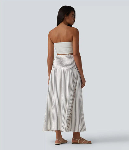 Removable Straps Shirred Stripes Linen-Feel Resort Slip Dress