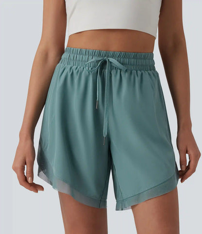 Mid Rise Drawstring Contrast Mesh 2-in-1 Flowy Yoga Shorts 7''