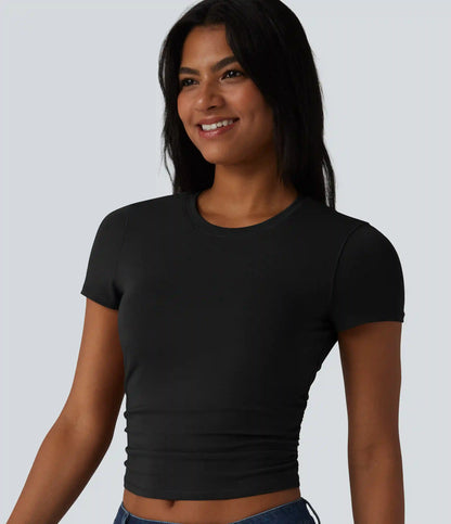 Halara Cotton Jersey Round Neck Short Sleeve Ruched Built-in Bra Casual T-Shirt
