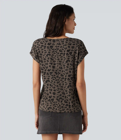 V Neck Short Sleeve Leopard Print Casual T-Shirt