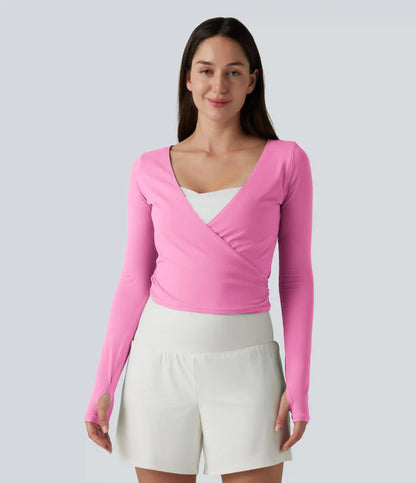 SoftlyZero™ Long Sleeve Thumb Holes Crossover Wrap Tie Casual Top