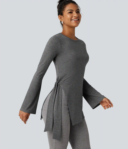 Round Neck Long Sleeve Tie Side Asymmetric Hem Casual Top
