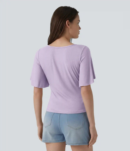 Ribbed Square Neck Butterfly Sleeve Ruched Casual T-Shirt
