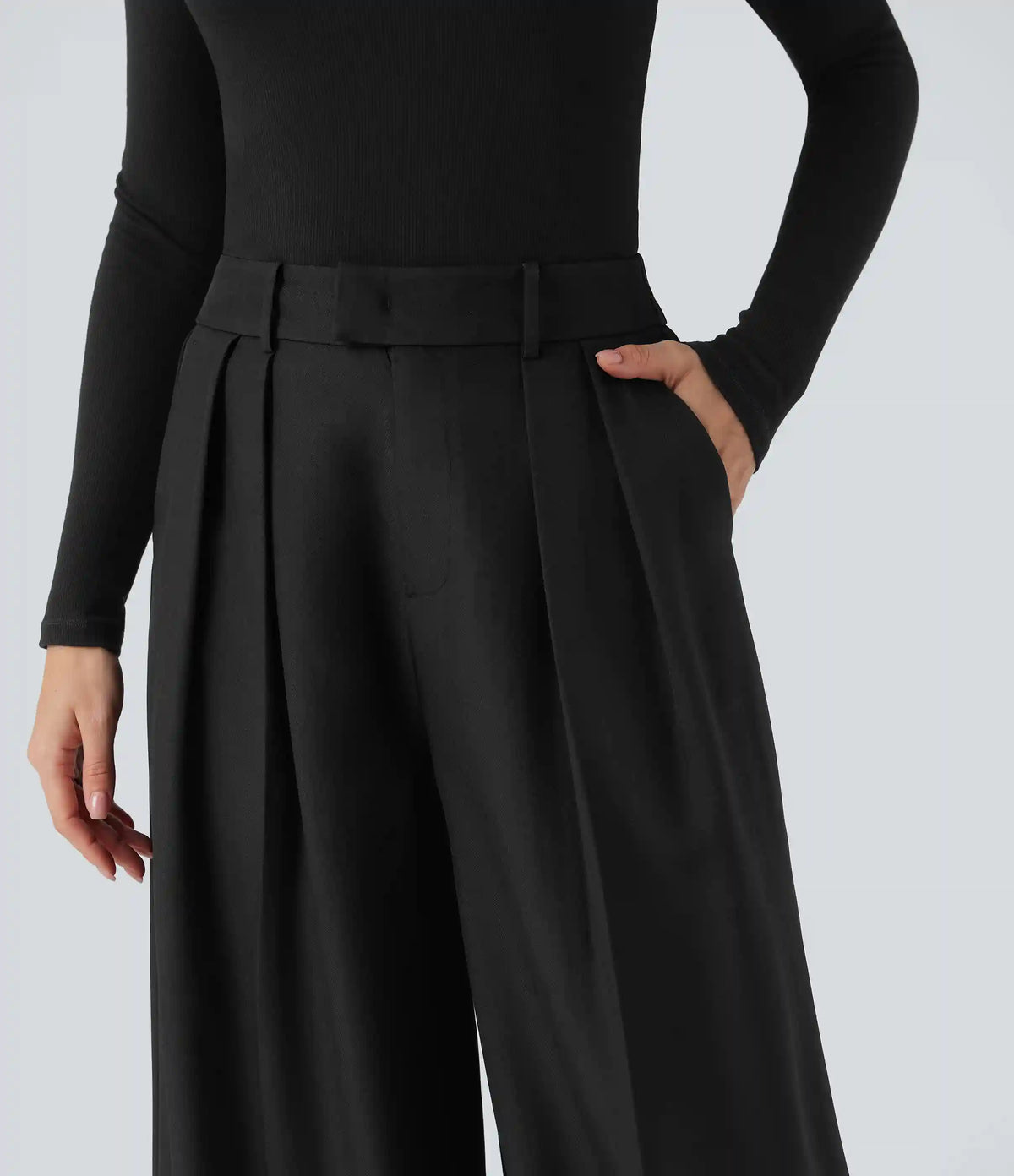 High Waisted Wide Leg Work Linen-Feel Pants with Pockets