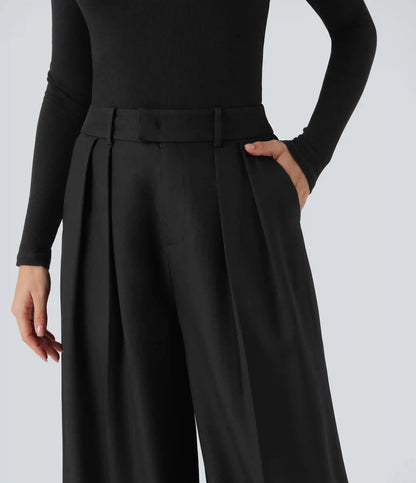 High Waisted Wide Leg Work Linen-Feel Pants with Pockets