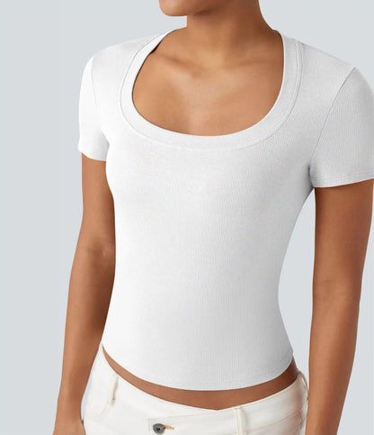 Ribbed Knit Short Sleeve Casual T-Shirt