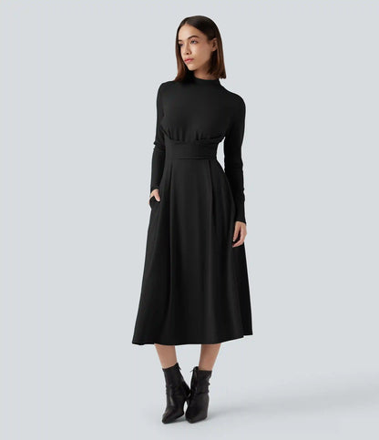 Mock Neck Long Sleeve Midi Work Dress with Pockets