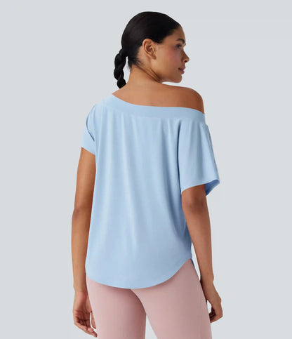 One Shoulder Short Sleeve Curved Hem High Low Quick Dry Yoga Sports Top