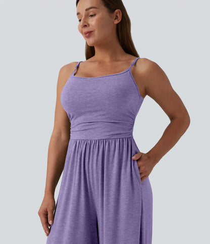 Adjustable Straps Ruched Wide Leg Heathered Casual Jumpsuit with Pockets-Easy Peezy