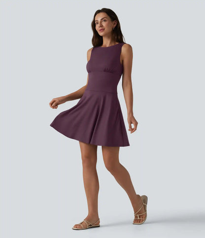 Boat Neck Sleeveless Flare Mini Casual Dress with Pockets