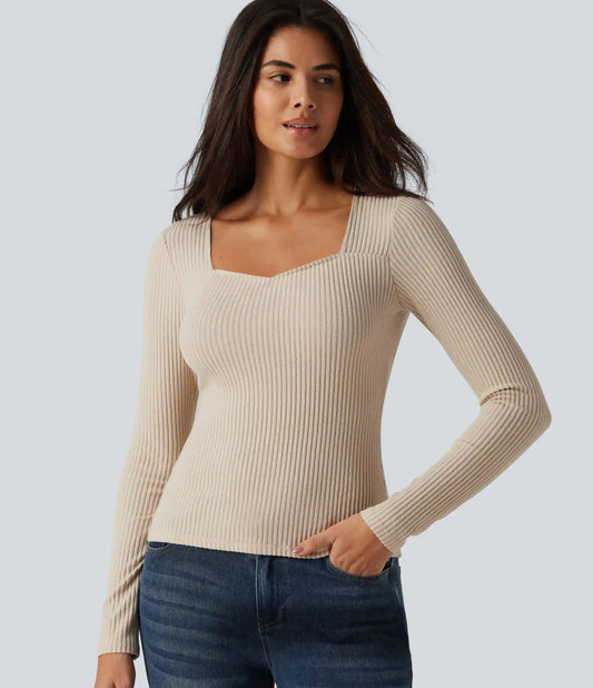 Ribbed Knit Square Neck Long Sleeve Casual Top