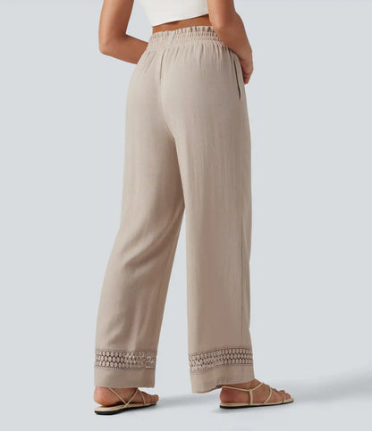 High Waisted Drawstring Casual Linen-Feel Pants with Pockets