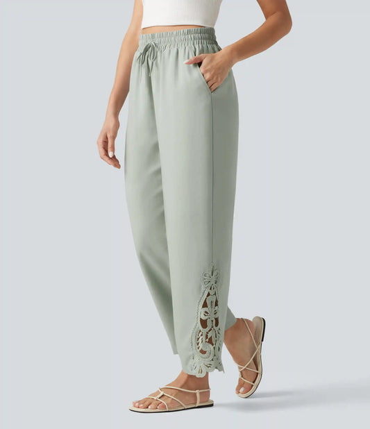 High Waisted Drawstring Wide Leg Casual Lyocell Linen-Blend Pants with Pockets