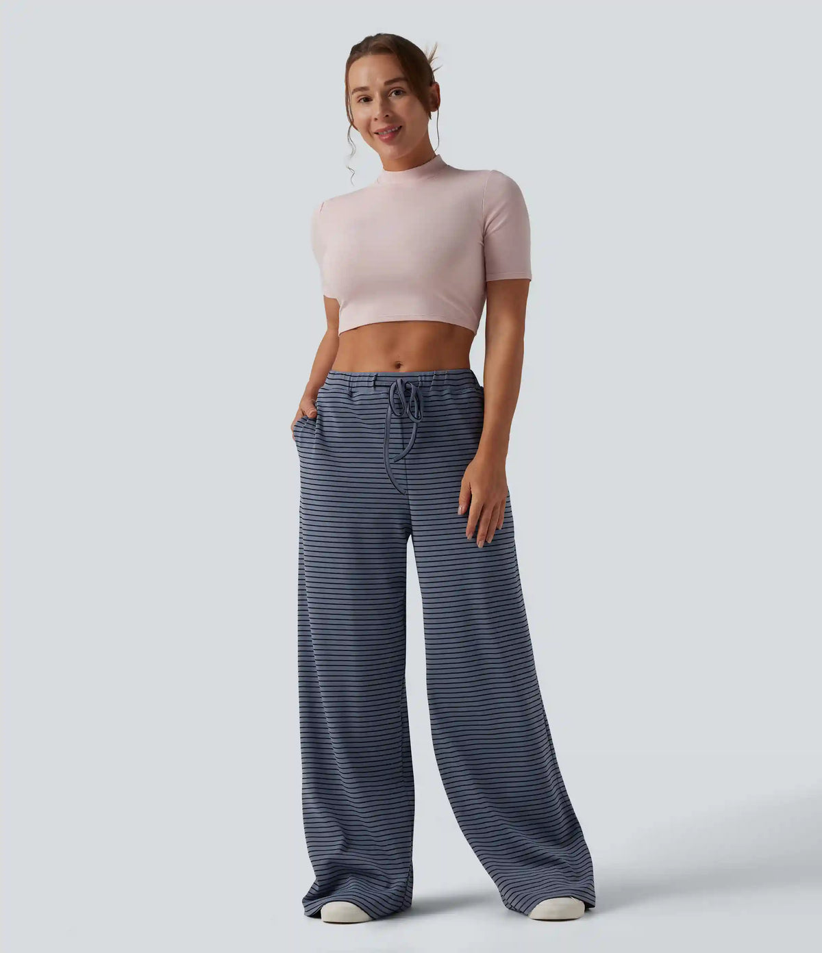 High Waisted Drawstring Stripes Casual Baggy Pants with Pockets