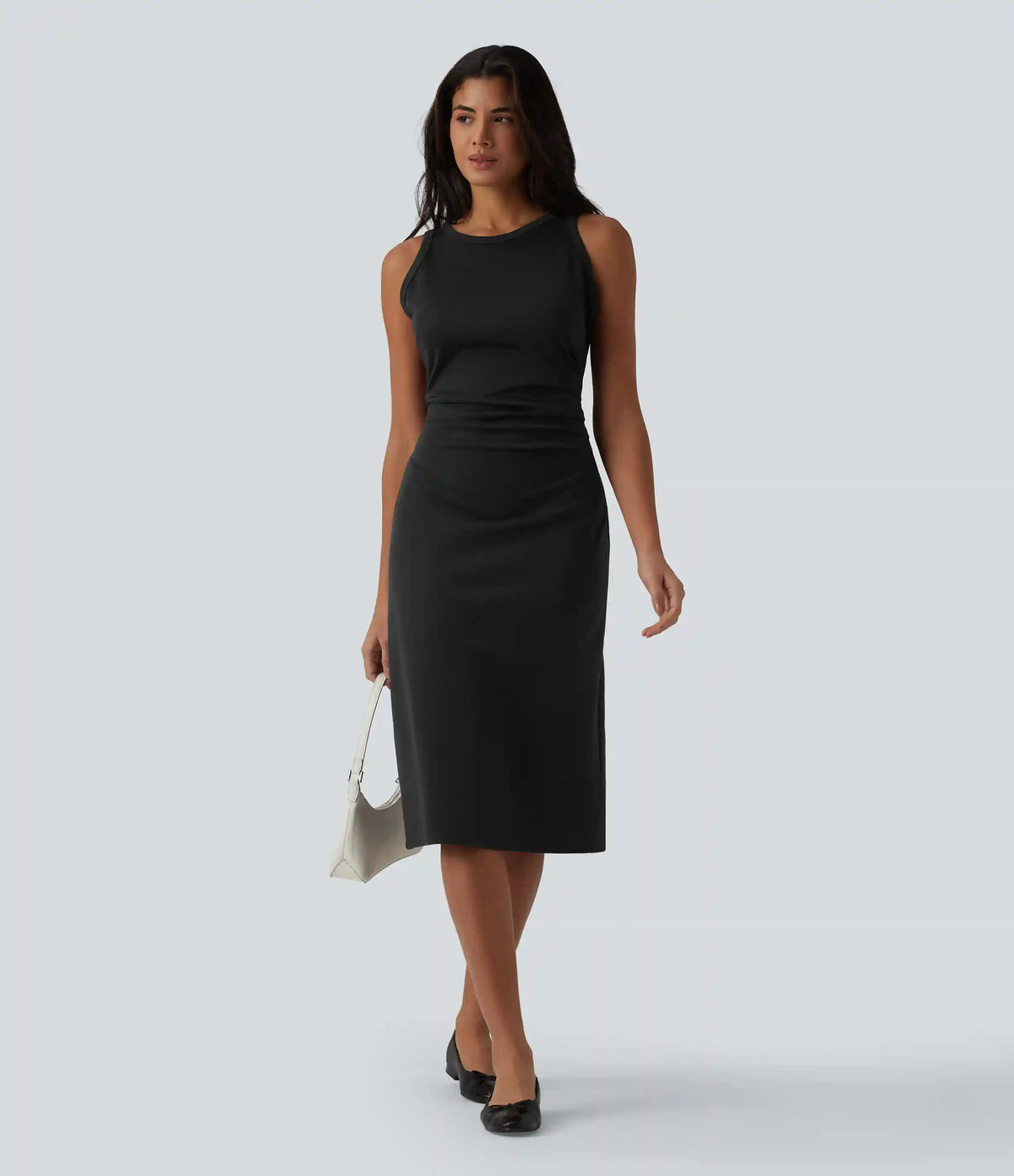 Round Neck Sleeveless Ruched Midi Casual Bodycon Dress