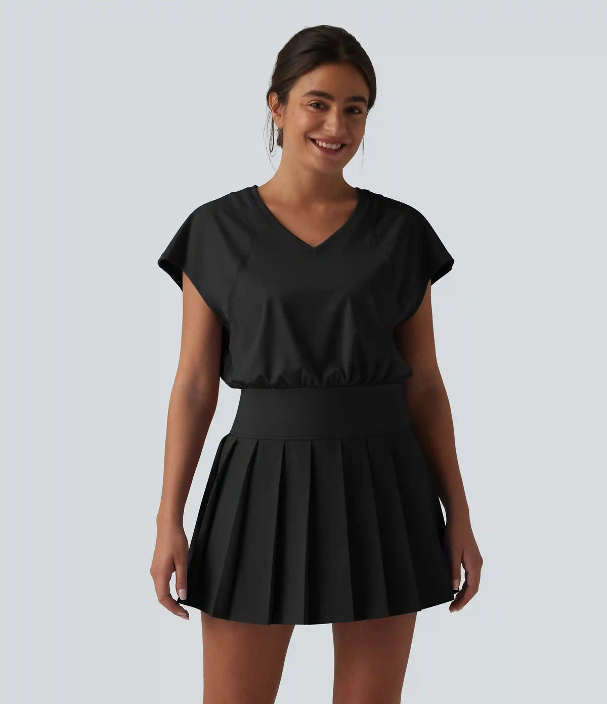 V-neck Invisible Zipper Short Sleeve Pleated Hem 2-in-1 Mini Tennis Active Dress with Pockets