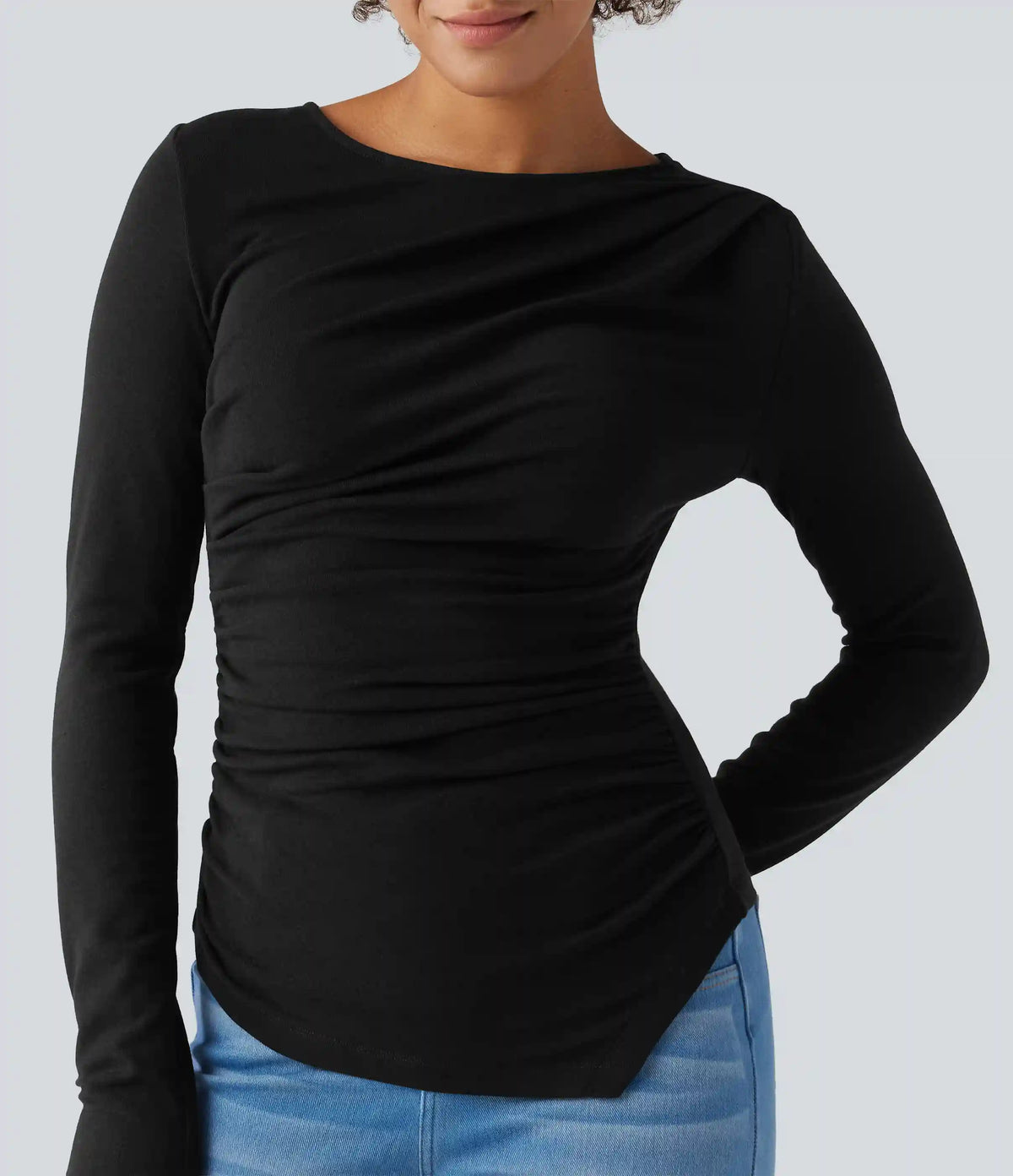 Boat Neck Long Sleeve Ruched Asymmetric Hem Thermal Casual Top