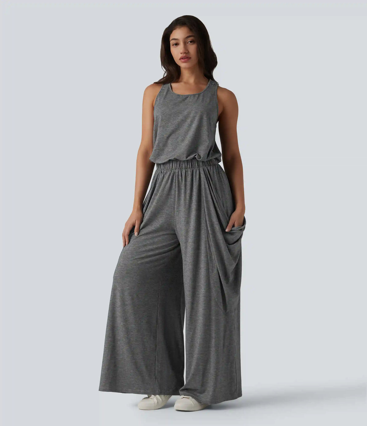 Sleeveless Cut Out Wide Leg Casual Jumpsuit with Pockets-Easy Peezy Edition