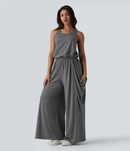 Sleeveless Cut Out Wide Leg Casual Jumpsuit with Pockets-Easy Peezy Edition
