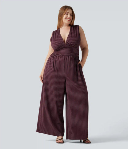 Plus Size Deep V Neck Built-in Bra Sleeveless Ruched Cool Touch Stripe Work Jumpsuit with Pockets-Easy Peezy Edition