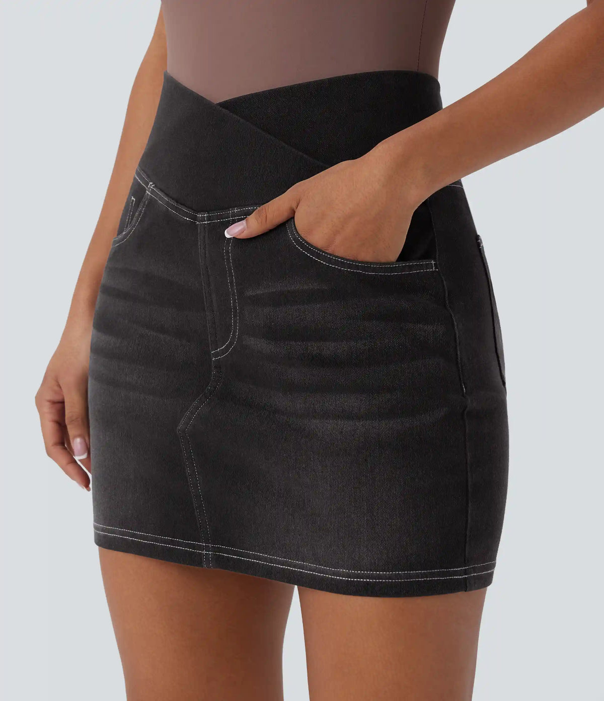 Halara Flex™ Crossover High Waisted Pockets Bodycon Mini Washed Denim Casual Skirt