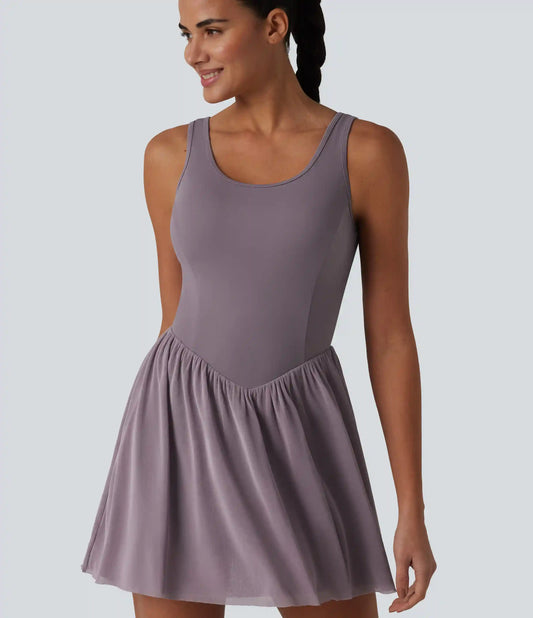 SoftlyZero™ Crisscross Backless Contrast Mesh 2-in-1 Built-in Bra Flowy Mini Tennis Active Dress with Pockets-Easy Peezy