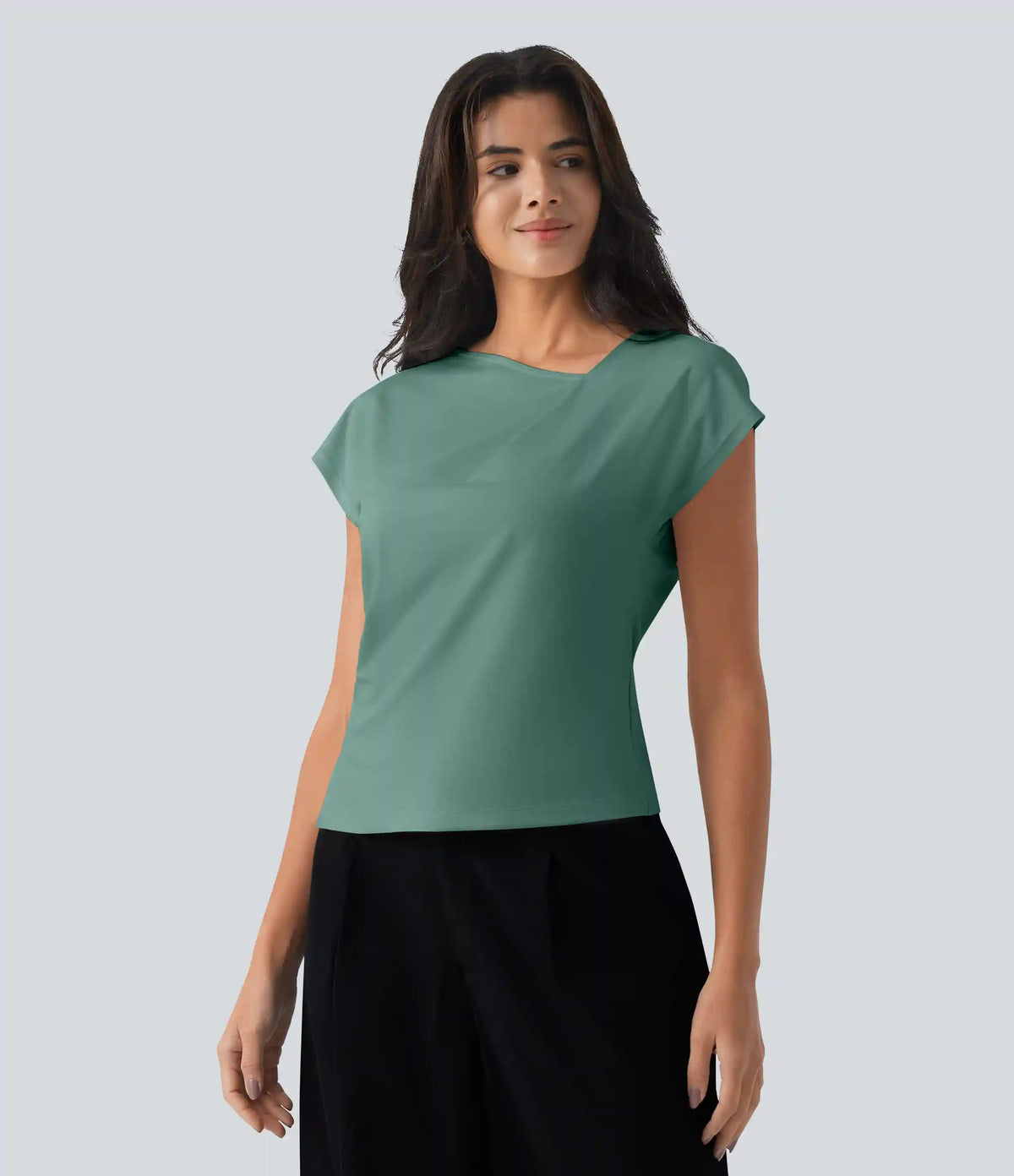 Asymmetric Cowl Neck Short Sleeve Ruched Split Hem Work Blouse