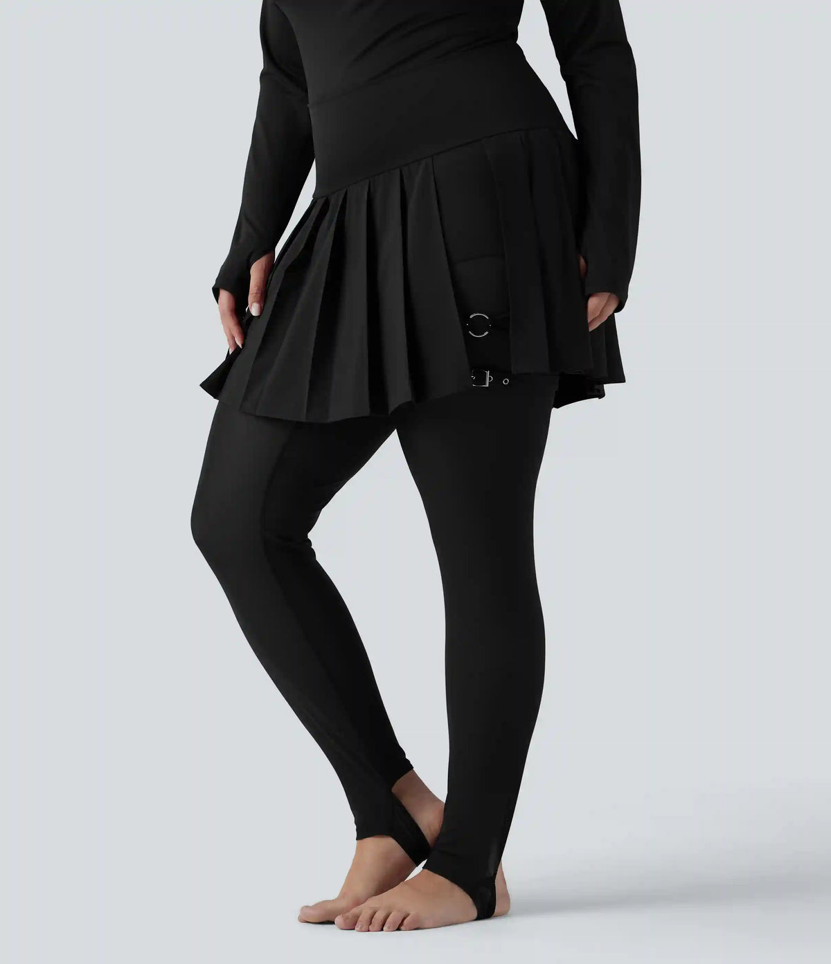 Breezeful™ High Waisted Pleated 2-in-1 Contrast Mesh Quick Dry Dance Plus Size Stirrup Skirted Leggings with Pockets
