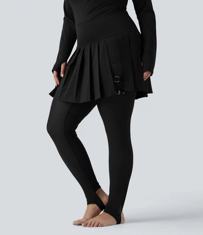Breezeful™ High Waisted Pleated 2-in-1 Contrast Mesh Quick Dry Dance Plus Size Stirrup Skirted Leggings with Pockets