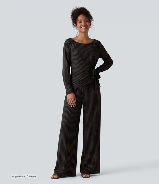 Boat Neck Long Sleeve Tie Side Cool Touch Stripe Work Jumpsuit with Pockets-Easy Peezy Edition