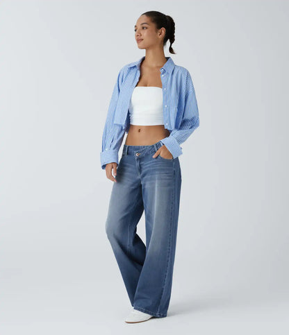 Halara Flex™ Asymmetric Low Rise Zipper Pockets Baggy Wide Leg Washed Casual Jeans