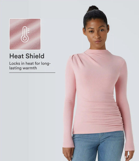 Funnel Neck Long Sleeve Ruched Skinny Thermal Casual Top