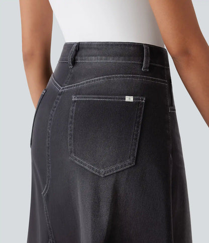 Halara Flex™ High Waisted Pockets Midi Washed Denim Casual A-Line Skirt
