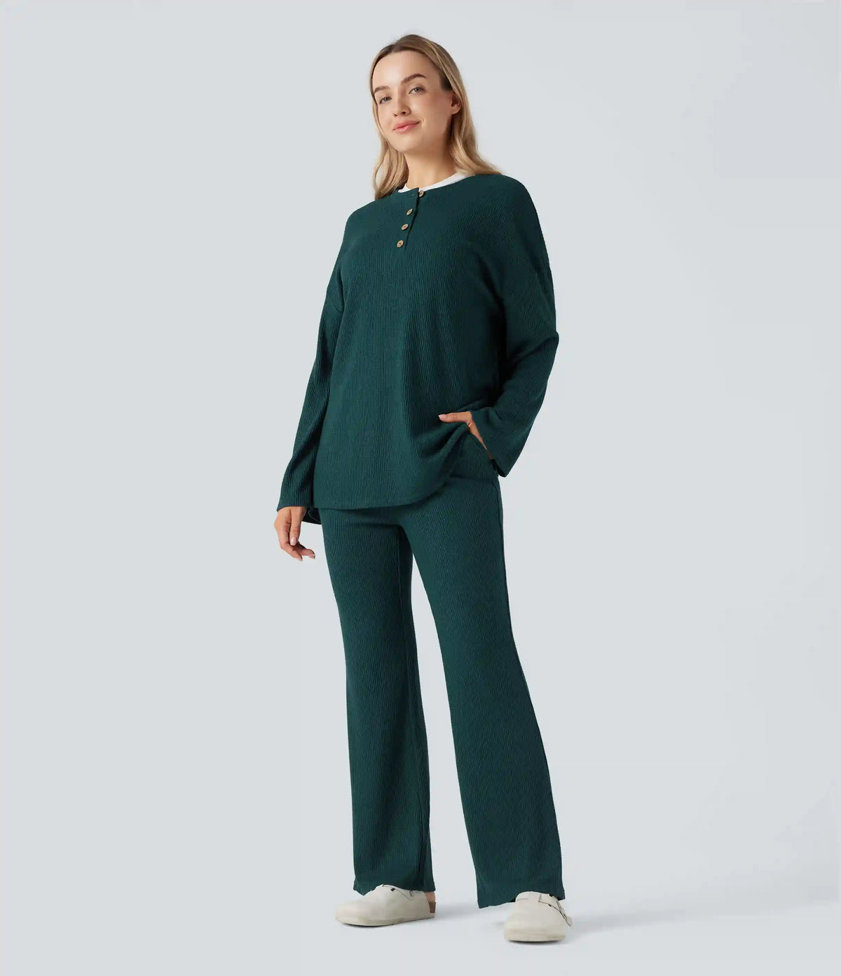 High Waisted Flare Waffle Casual Pants with Pockets