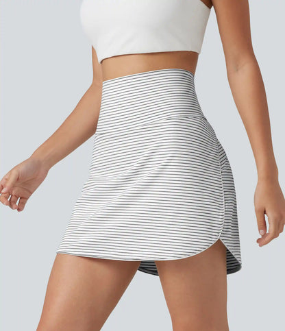 Ultra High-Waist Tummy Control Curved Hem 2-in-1 Stripes Golf Mini Skirt with Pockets