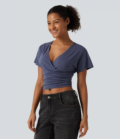 V Neck Flounce Short Sleeve Ruched Casual T-Shirt