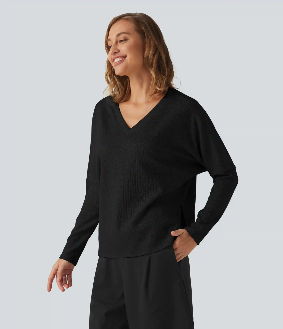 Ribbed V Neck Batwing Long Sleeve Casual Top