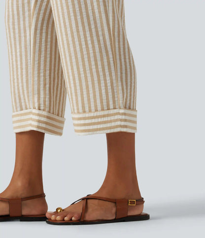 High Waisted 2-in-1 Straight Leg Stripe Cropped Casual Linen-Feel Pants with Pockets