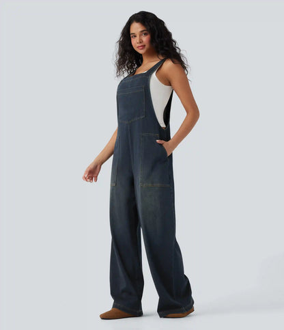 Halara Flex™ Square Neck Washed Denim Casual Overalls with Pockets