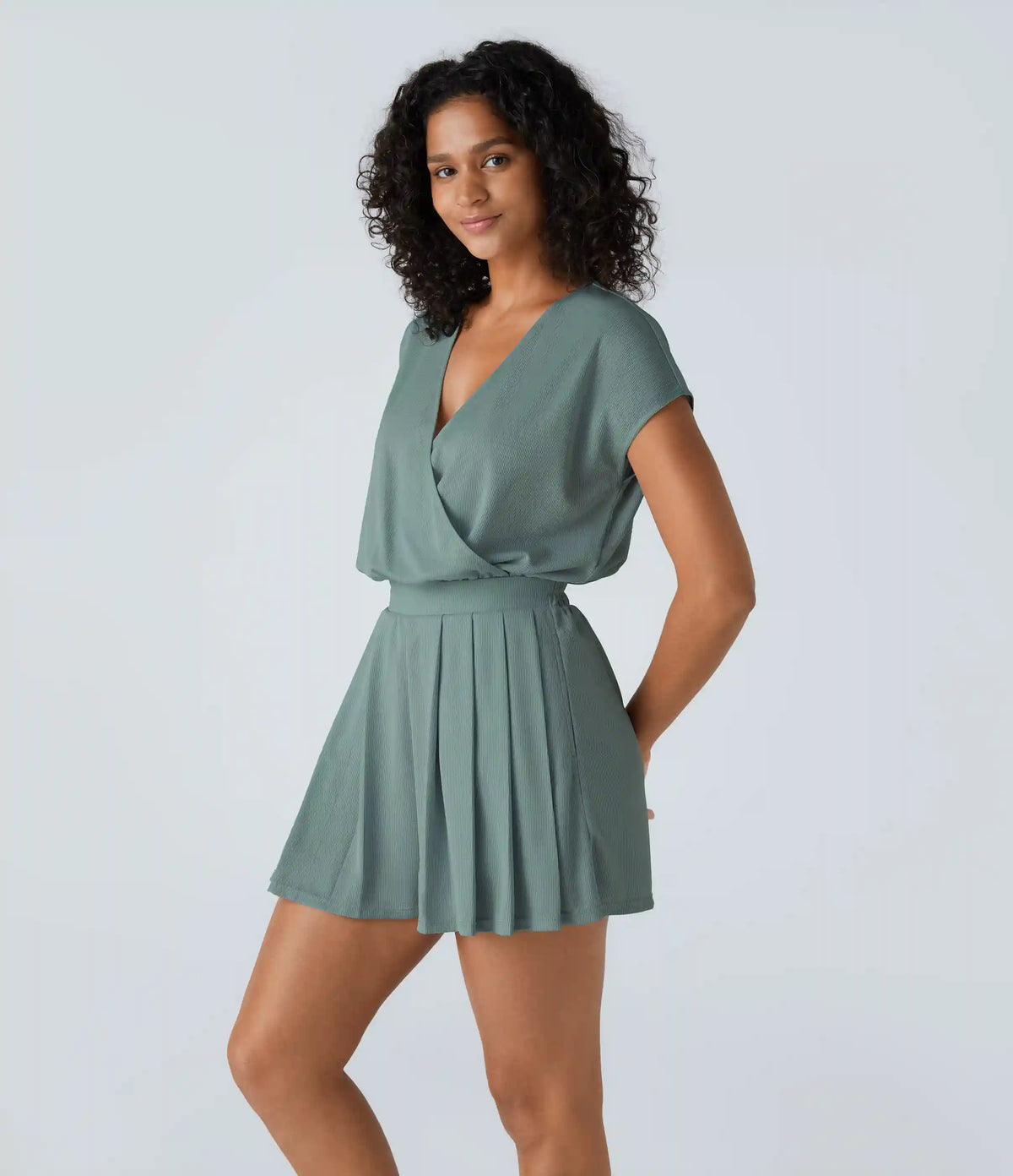 V Neck Short Sleeve Pocket Waffle Casual Romper