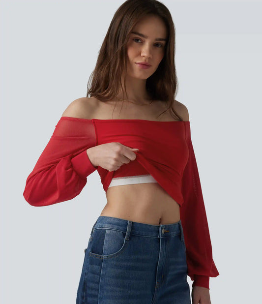 SoftlyZero™ Airy Off-Shoulder Long Sleeve Breathable Mesh Built-in Bra InstantCool Casual T-Shirt