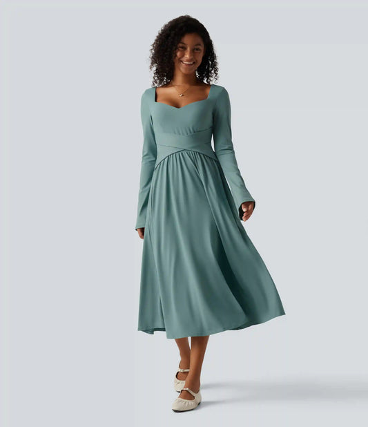 Long Sleeve Built-in Bra Crossover Flowy Midi Casual Dress with Pockets