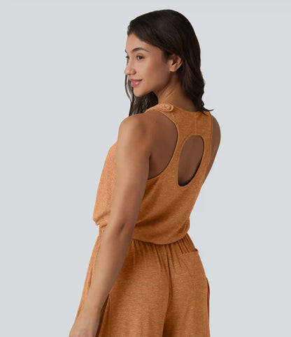 Sleeveless Cut Out Wide Leg Casual Jumpsuit with Pockets-Easy Peezy Edition
