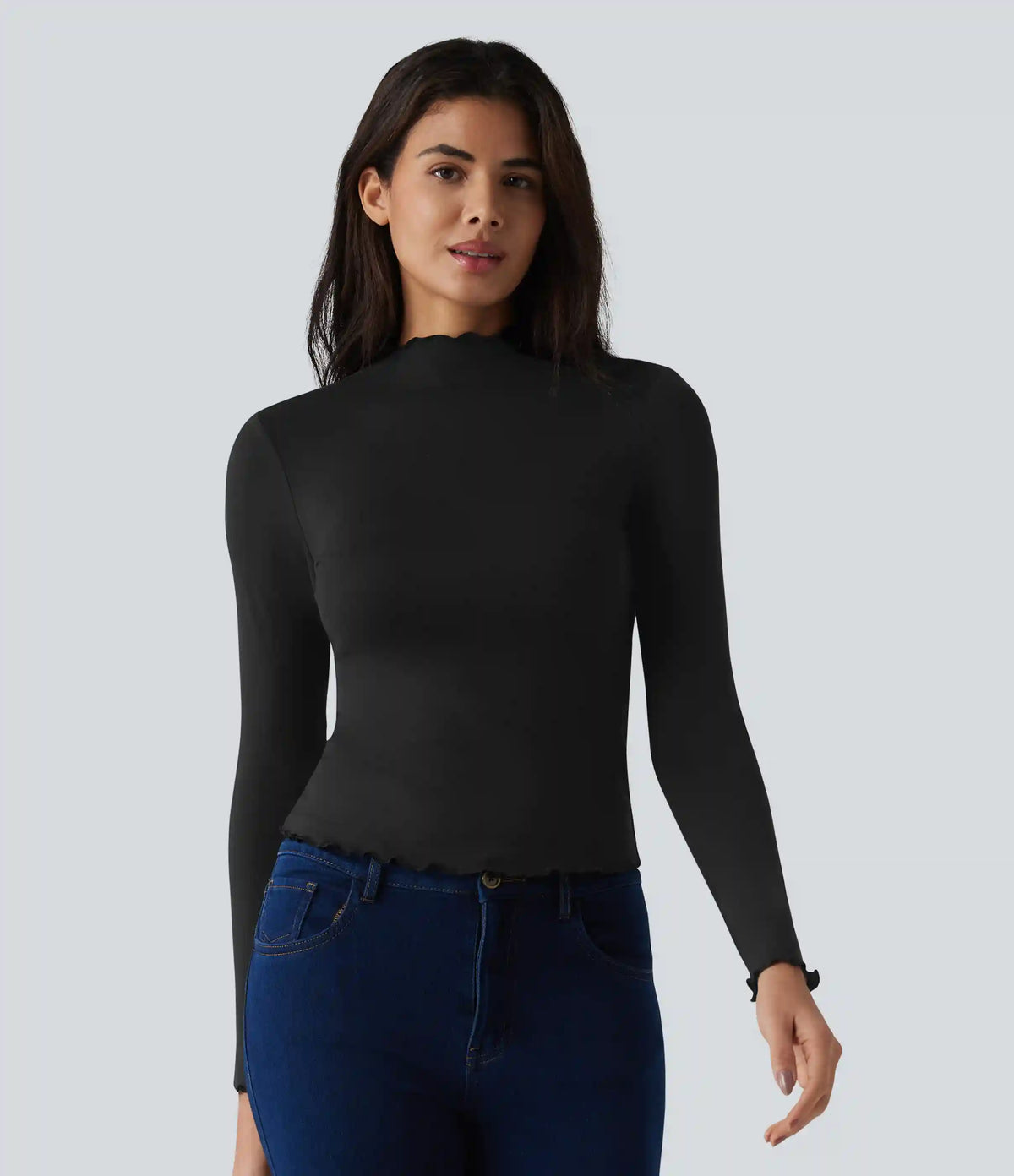 Halara HeatCore Mock-neck Long Sleeve Lettuce Trim Casual Warming Top