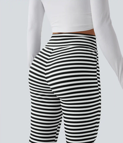 High Waisted Drawstring Tummy Control Stripe Waffle Flare Casual Pants with Pockets